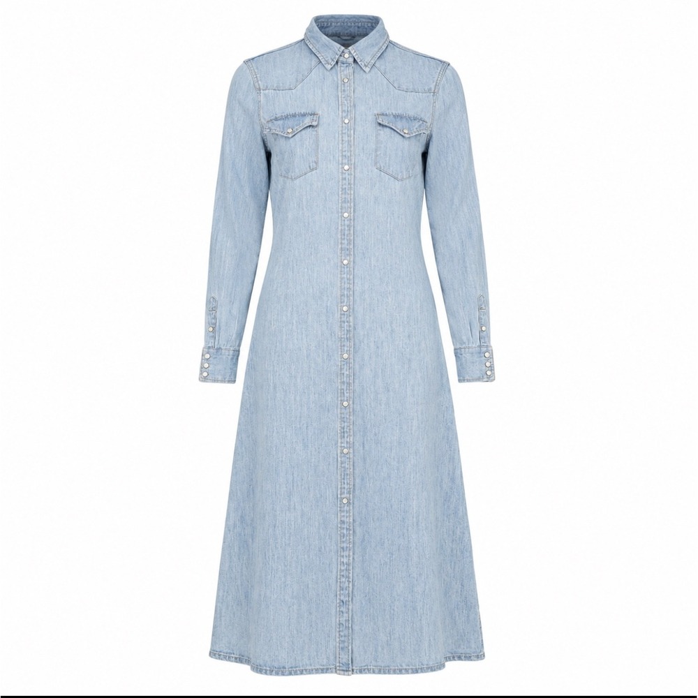 Polo Ralph Lauren Denim Maxi Shirt Dress Womens 14 Light Wash Western Pearl Snap